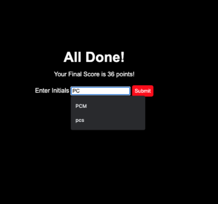 a screen shot of the quiz app